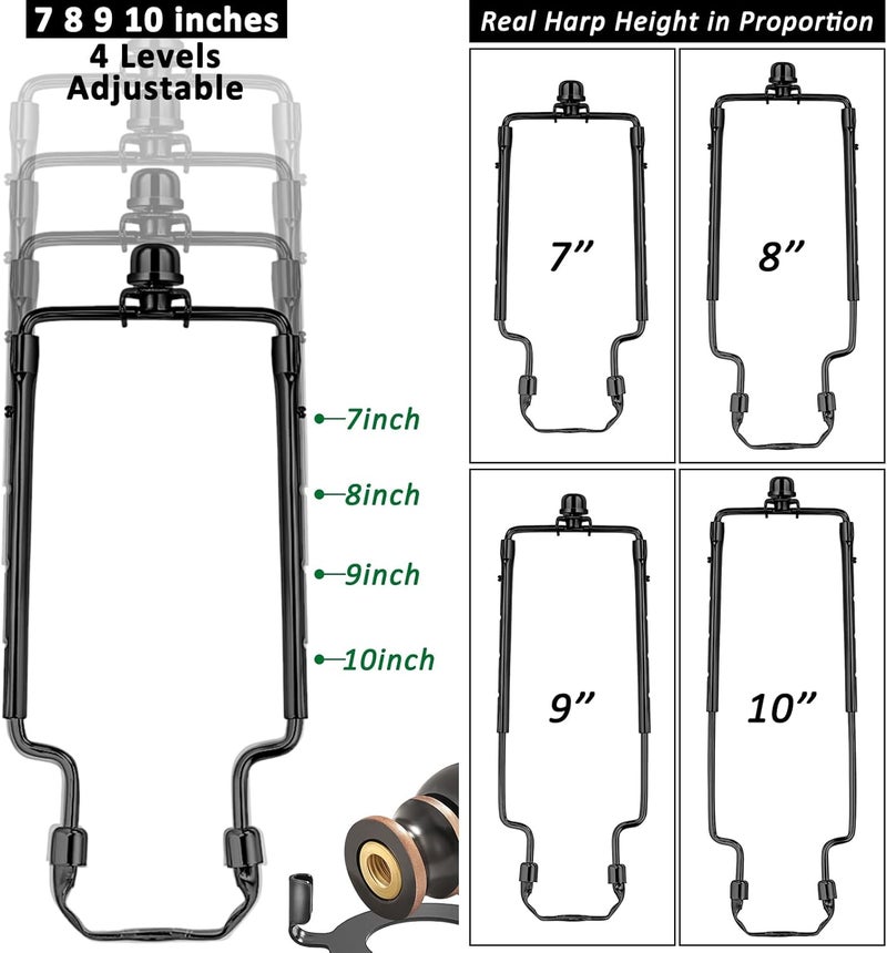EMNOOTI 7 8 9 10 inch Lamp Shade Harp Holder,Adjustable Lamp Harp Kit,Fit both Standard Lamp Rod and E26 Light Base UNO Fitter Adapter,with 2 Shade Attaching Finial Top (Black Color - 2 Set) - Image 2